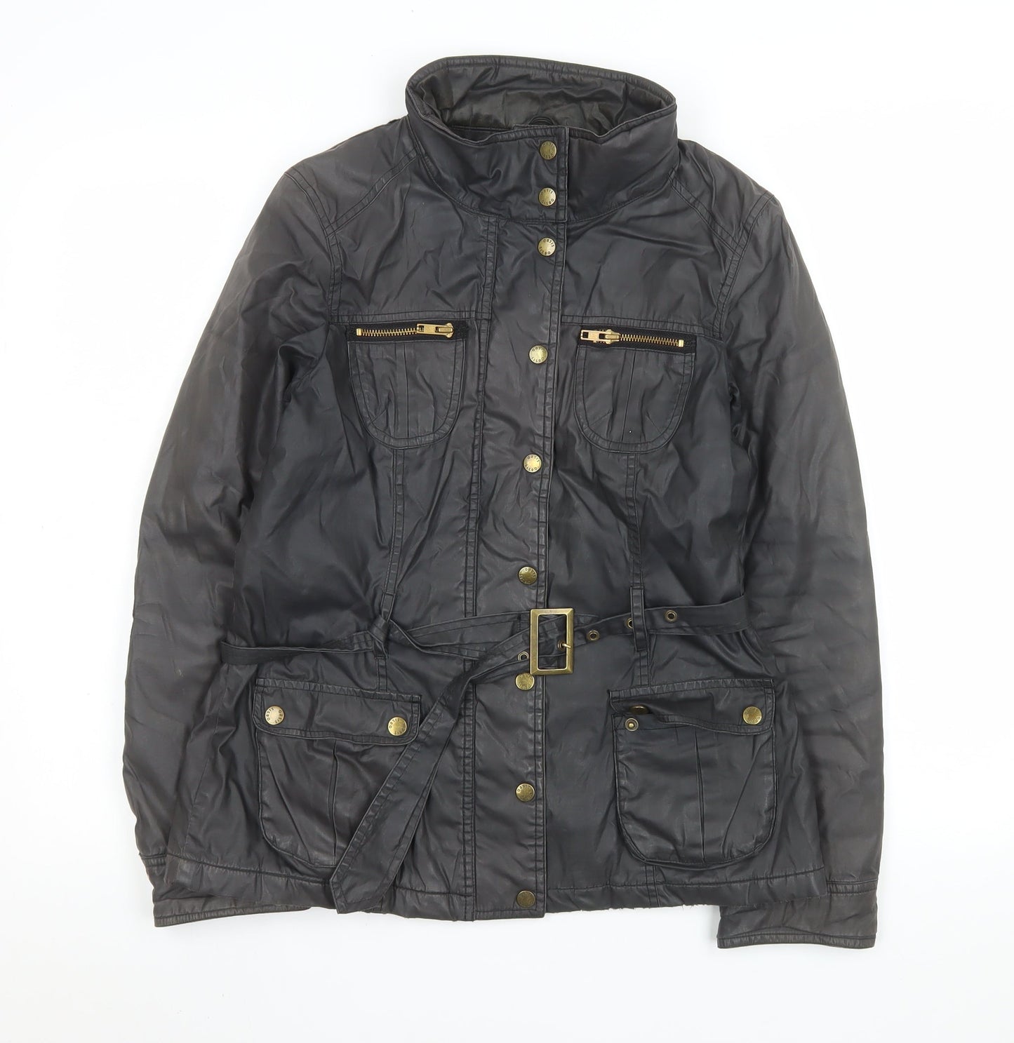 Oasis Women’s Black Belted Waxed Cotton Mid-Length Parka Jacket M