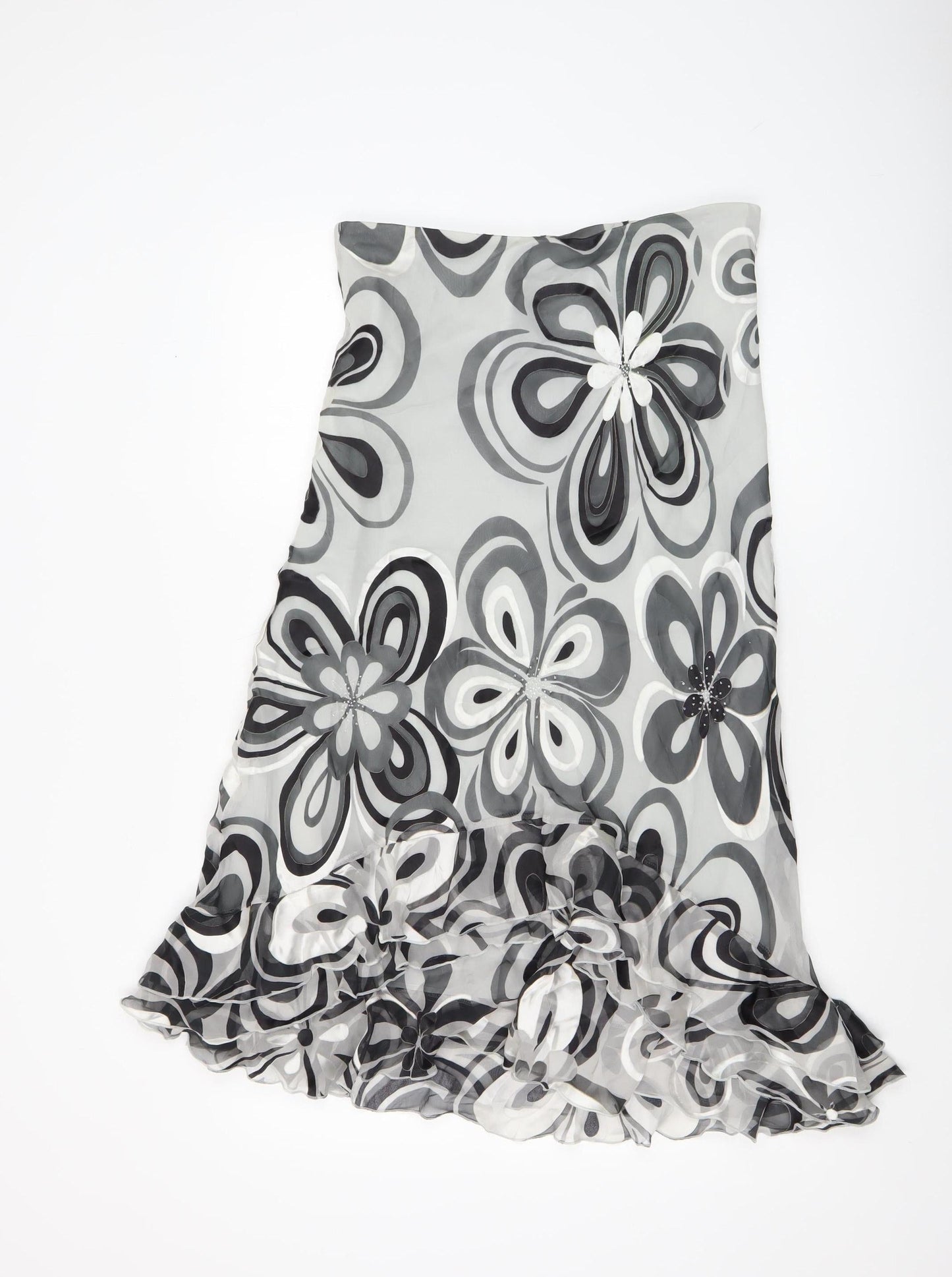 Arruba Women’s Grey Floral Silk Midi Flare Skirt Size 14