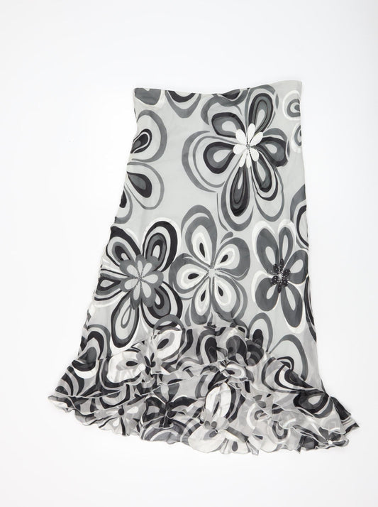 Arruba Women’s Grey Floral Silk Midi Flare Skirt Size 14