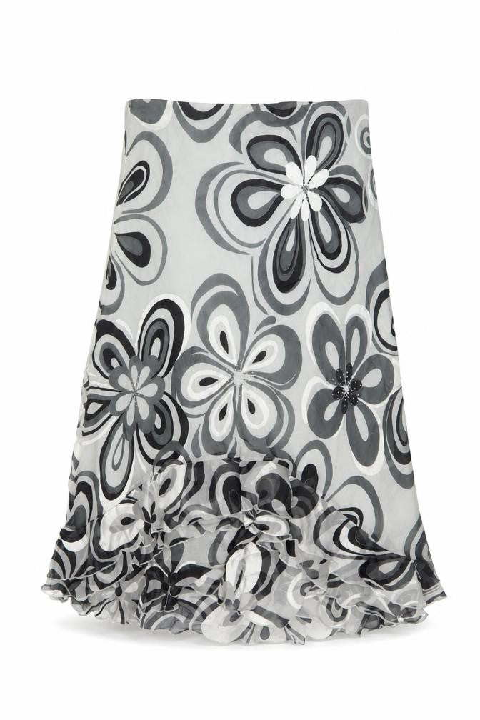 Arruba Women’s Grey Floral Silk Midi Flare Skirt Size 14