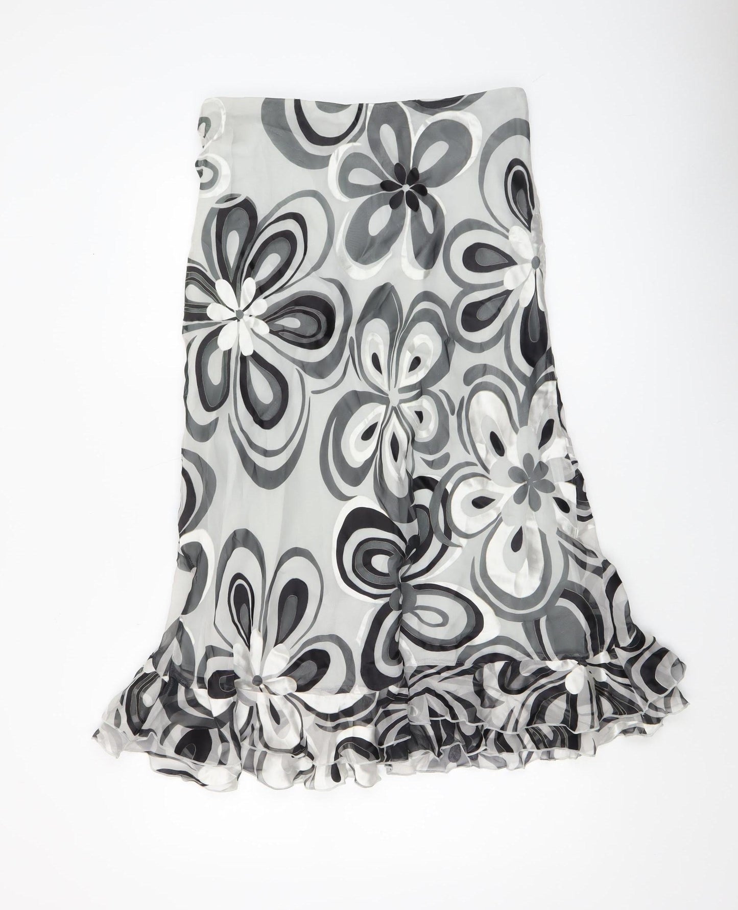 Arruba Women’s Grey Floral Silk Midi Flare Skirt Size 14