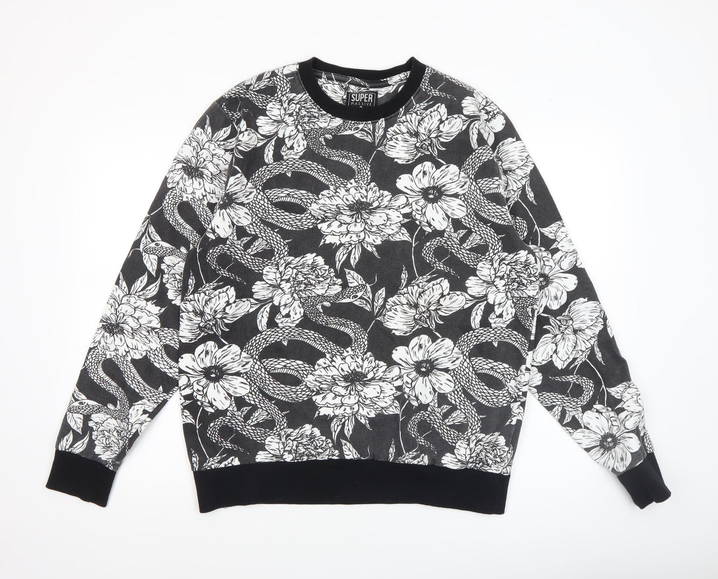 Super Massive Men's Black Floral Snake Print Sweatshirt Medium