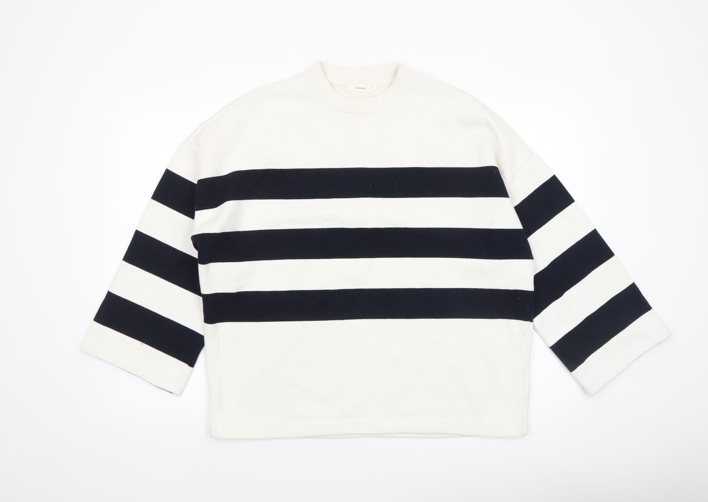 Reserved Women's White and Navy Striped Crew Neck Pullover Sweatshirt Size S