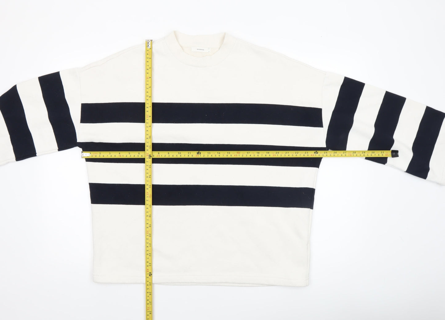 Reserved Women's White and Navy Striped Crew Neck Pullover Sweatshirt Size S