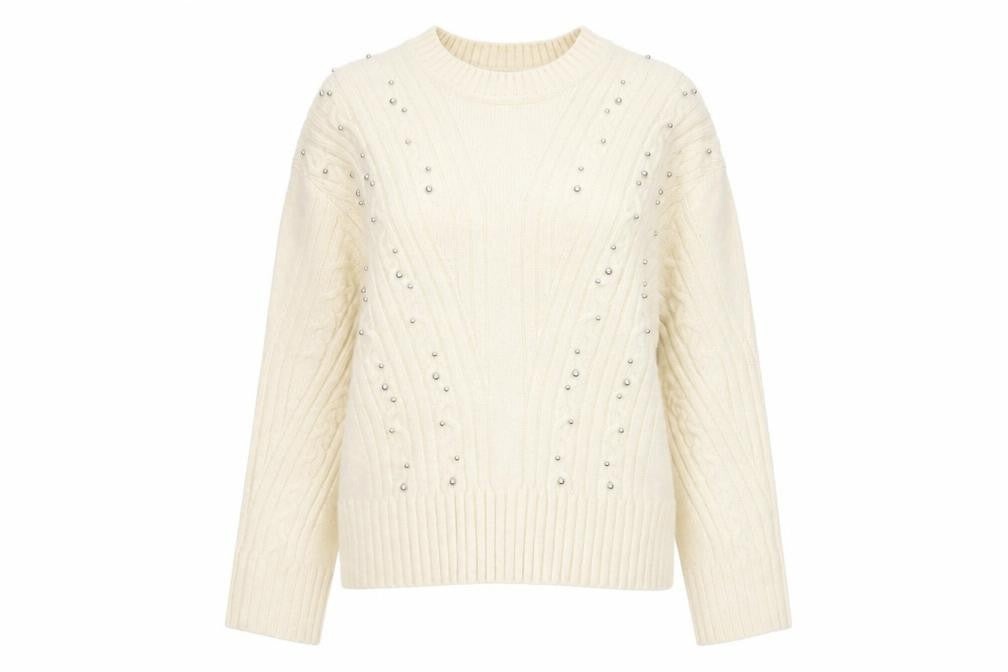 Marks and Spencer Women Ivory Beaded Cable-Knit Jumper S