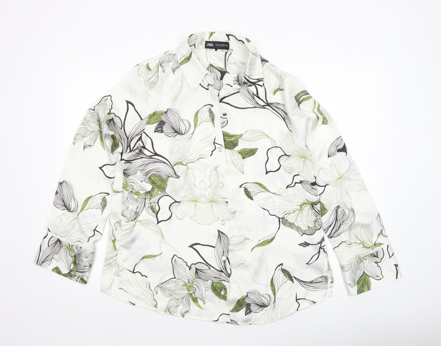 Zara Women White Floral Button-Up Long Sleeve Shirt Size 12
