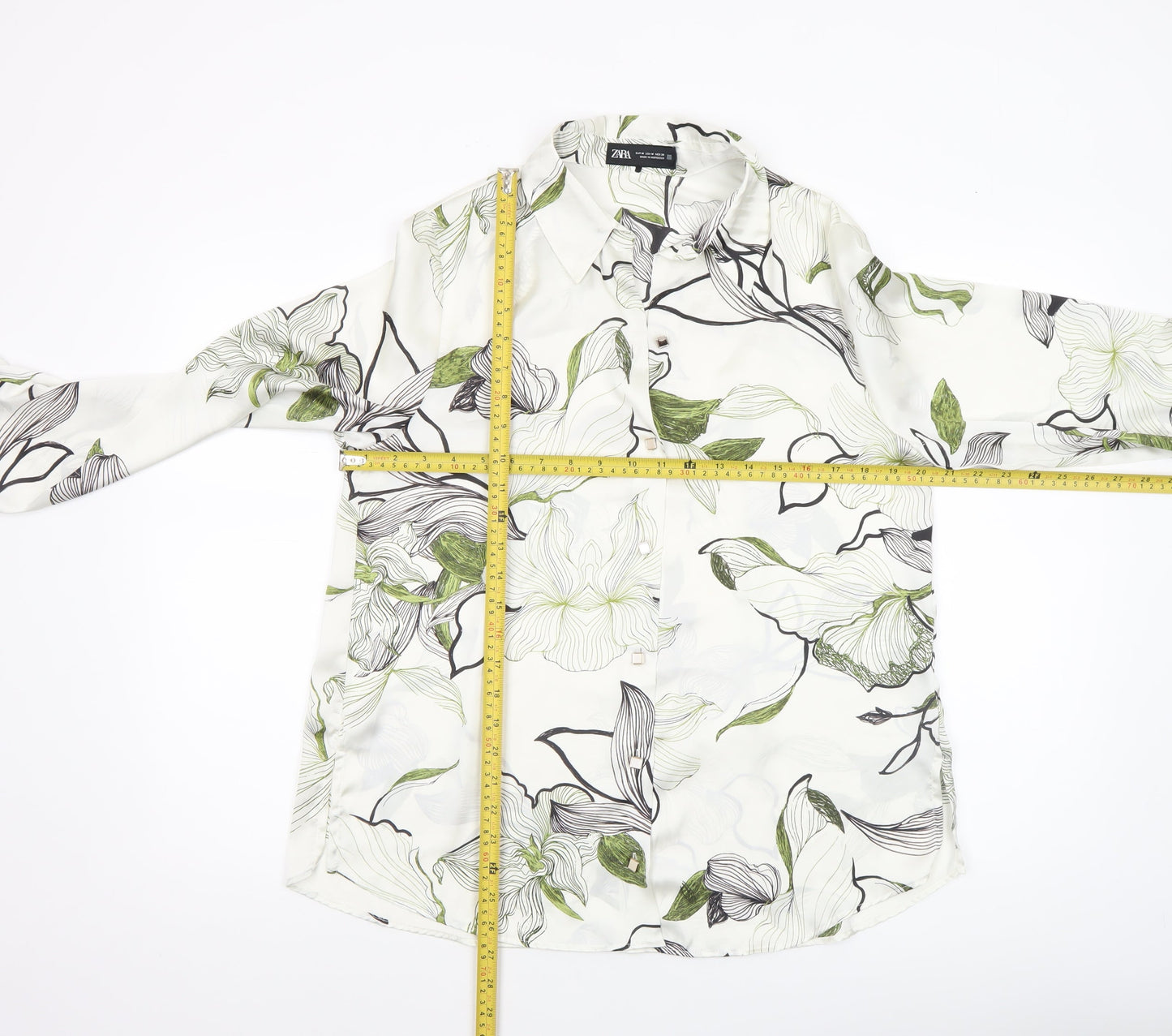 Zara Women White Floral Button-Up Long Sleeve Shirt Size 12