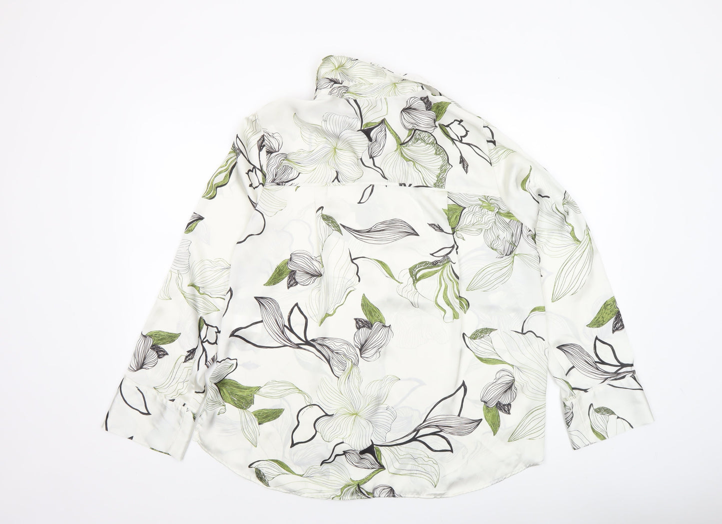 Zara Women White Floral Button-Up Long Sleeve Shirt Size 12