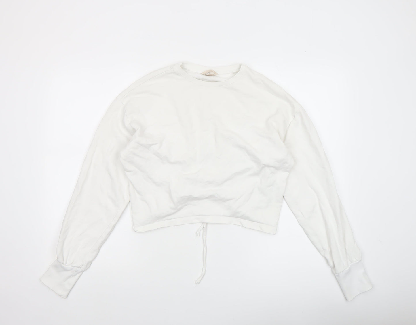 H&M Women White Cotton Cropped Long Sleeve Crew Neck Top Size 8