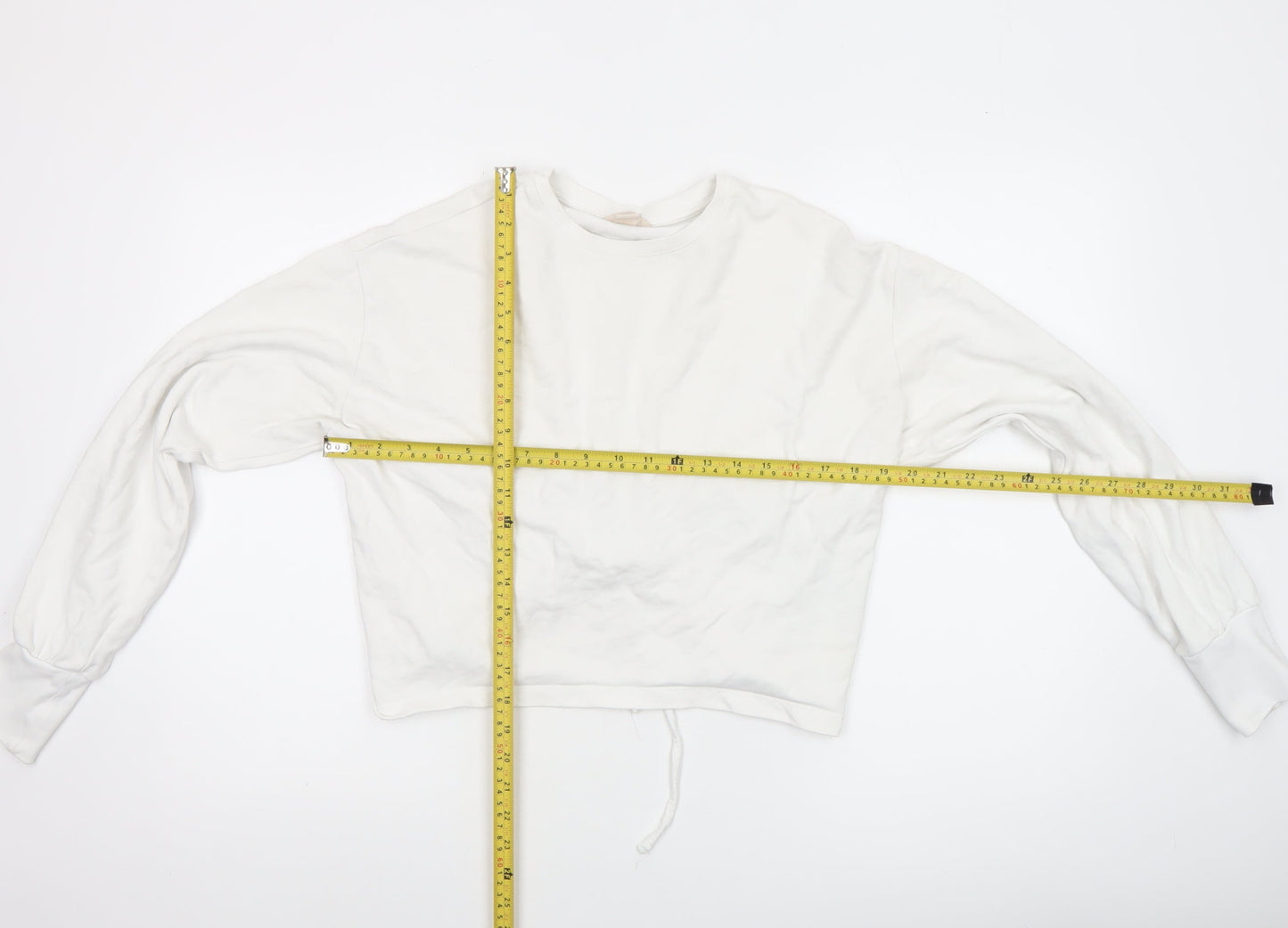 H&M Women White Cotton Cropped Long Sleeve Crew Neck Top Size 8