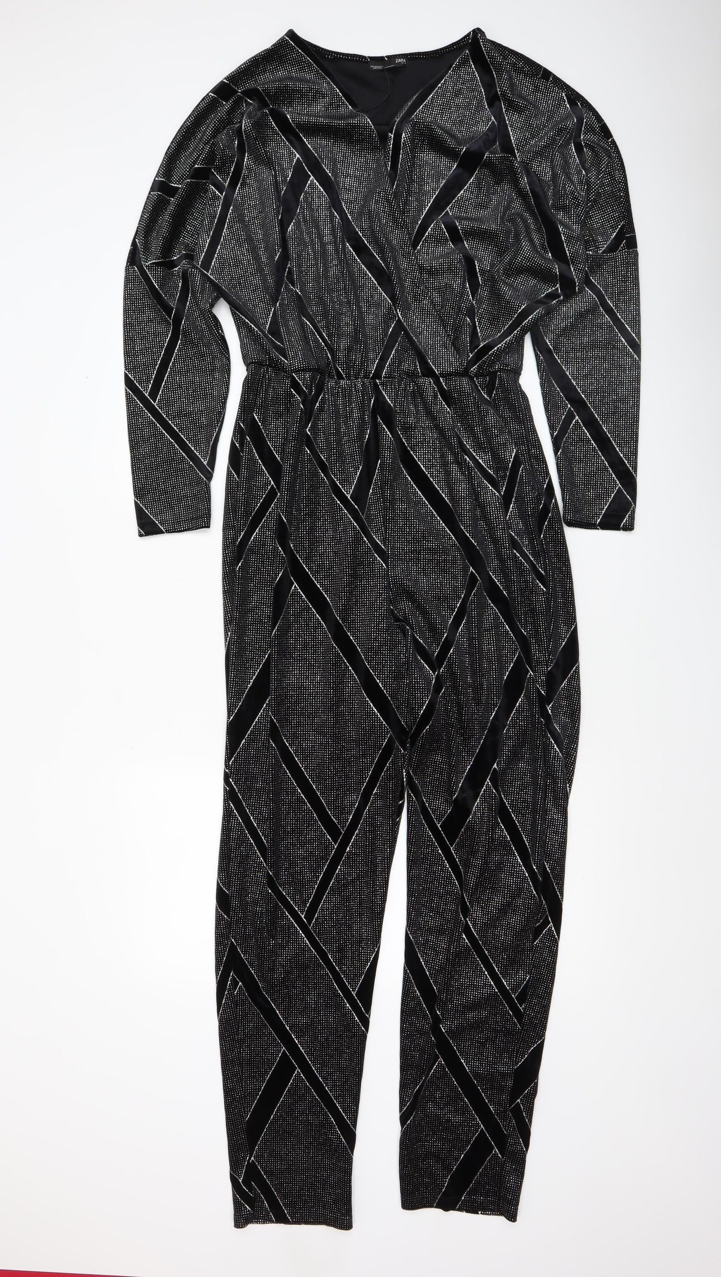 Zara Women Black Geometric Velvet Jumpsuit Size 12 Partywear