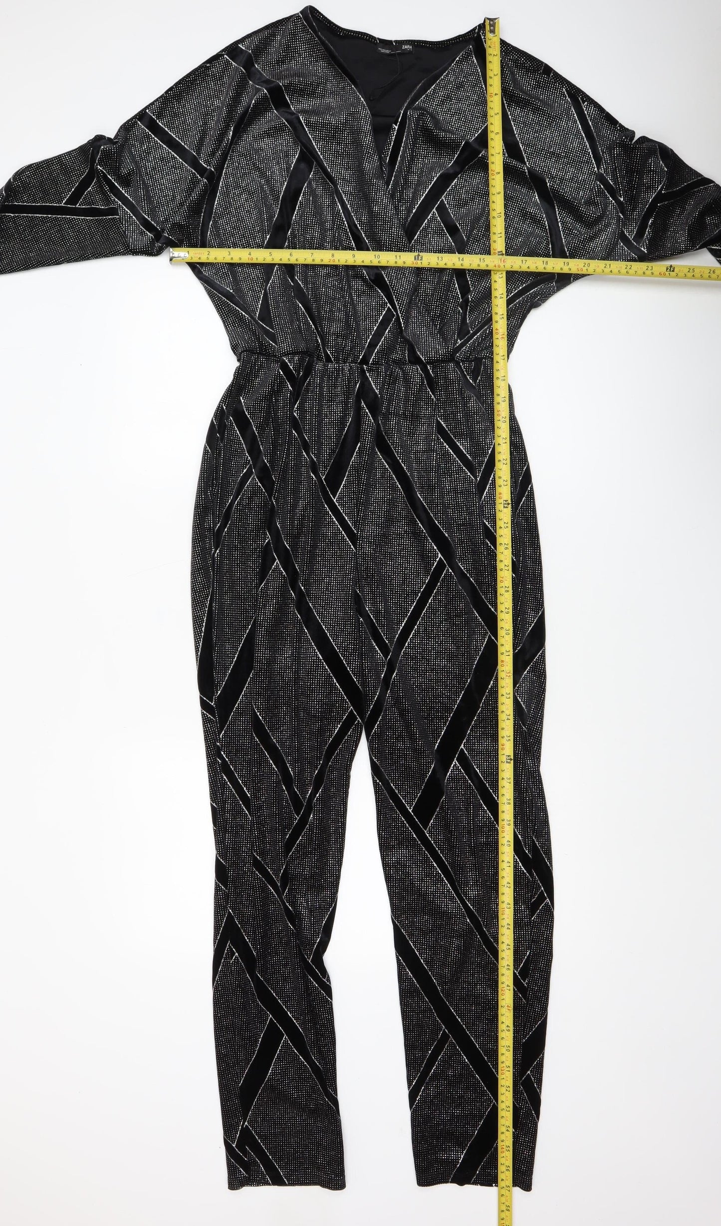 Zara Women Black Geometric Velvet Jumpsuit Size 12 Partywear