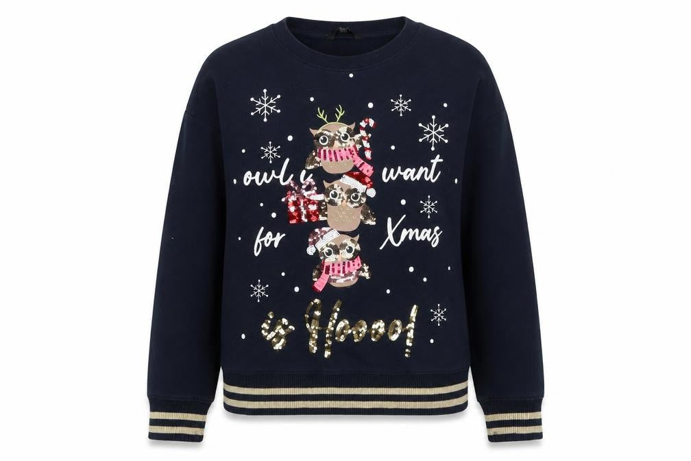 Next Women Navy Christmas Owl Sequin Sweatshirt M