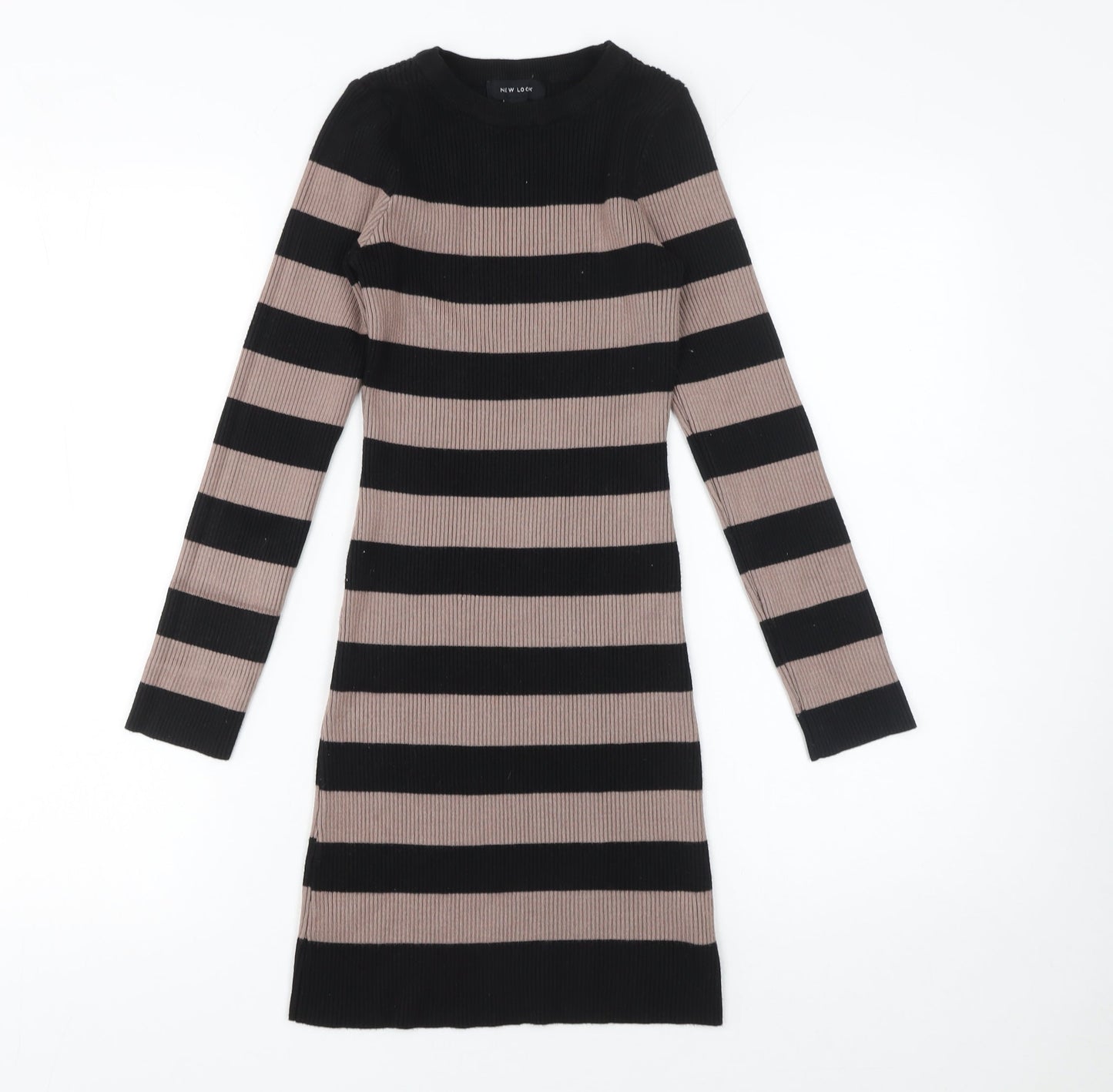 New Look Women Black Striped Bodycon Knit Dress Size 8 Long Sleeve