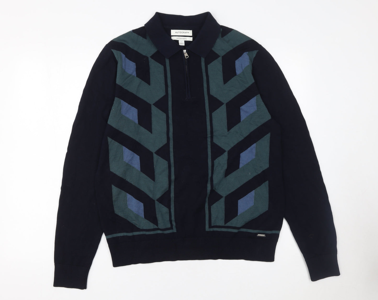 Marks and Spencer Autograph Men's Navy Geometric Long Sleeve Polo L