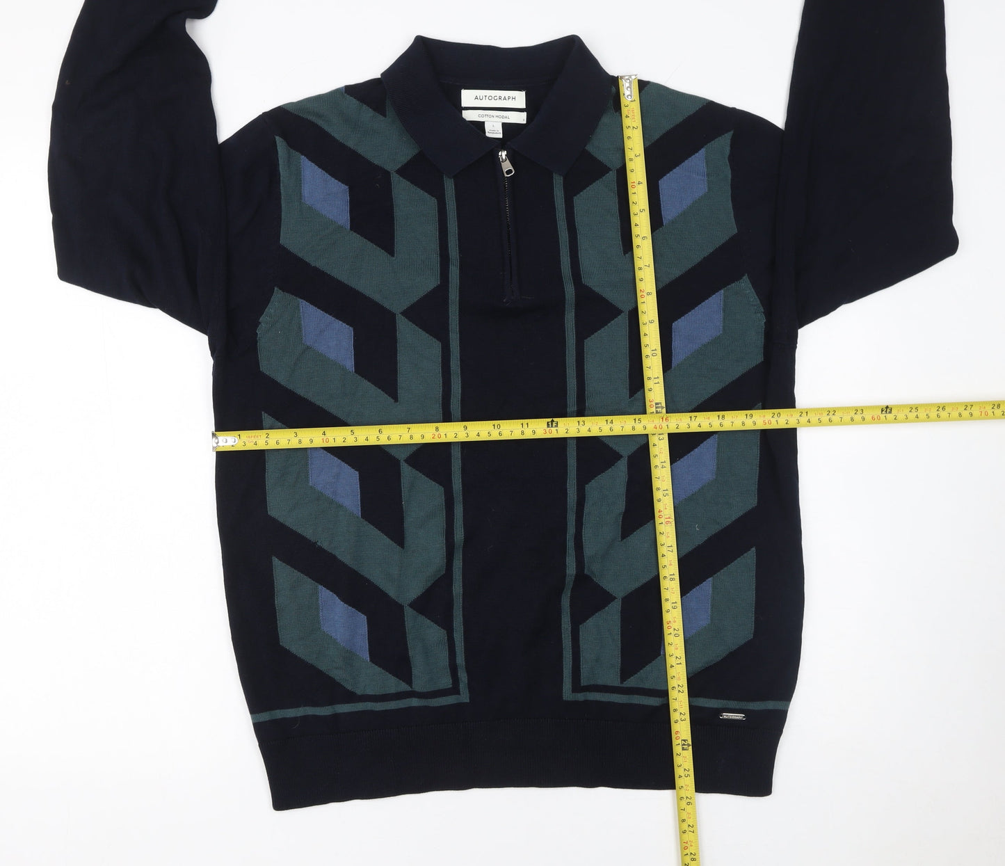 Marks and Spencer Autograph Men's Navy Geometric Long Sleeve Polo L