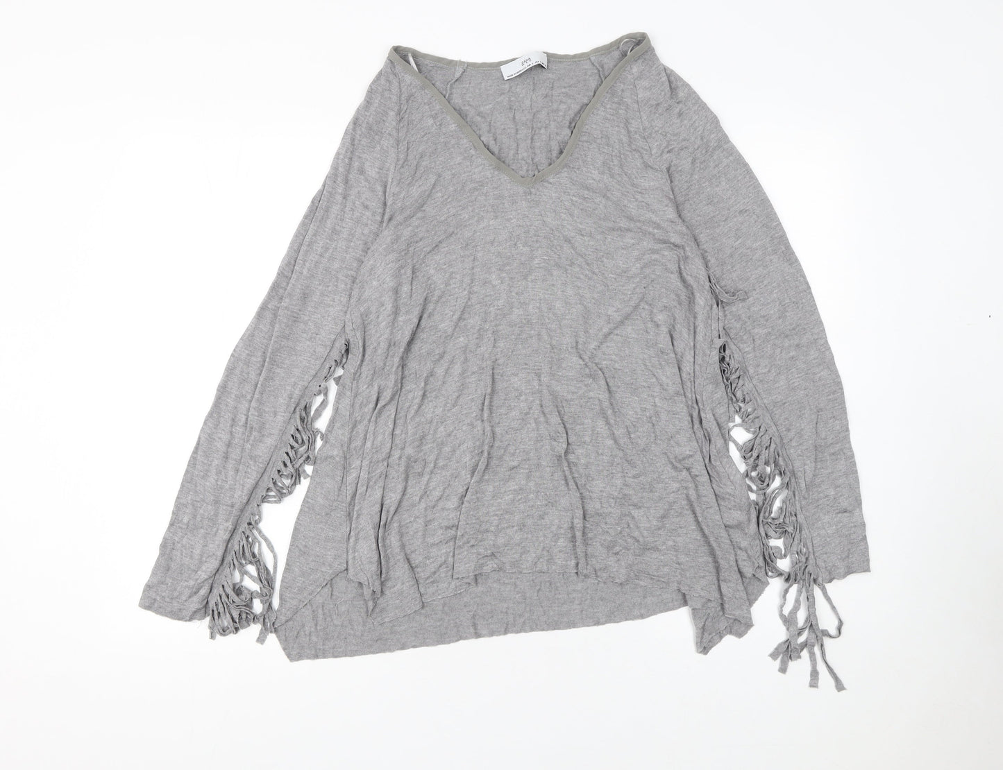 Zara Women Grey Viscose Blend Fringe V-Neck Pullover Jumper Size 8