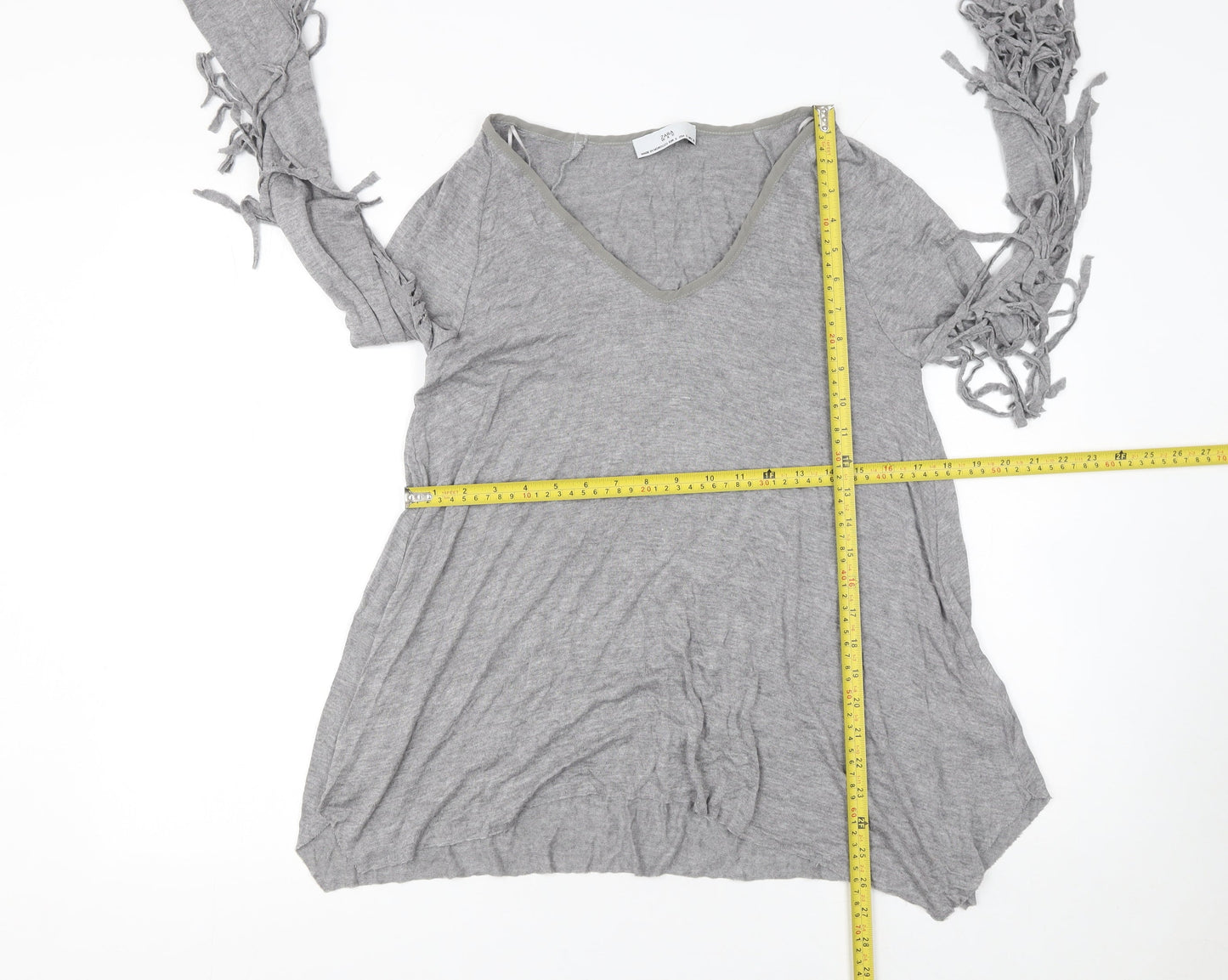 Zara Women Grey Viscose Blend Fringe V-Neck Pullover Jumper Size 8