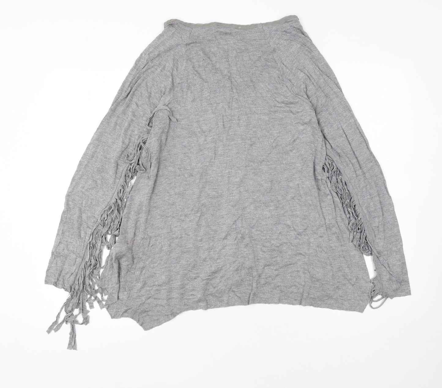 Zara Women Grey Viscose Blend Fringe V-Neck Pullover Jumper Size 8