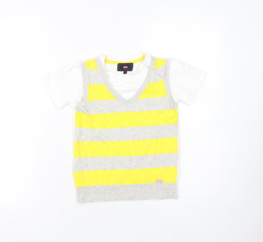 Bugatti Boys Yellow Grey Striped Cotton V-Neck Short Sleeve T-Shirt Size 6