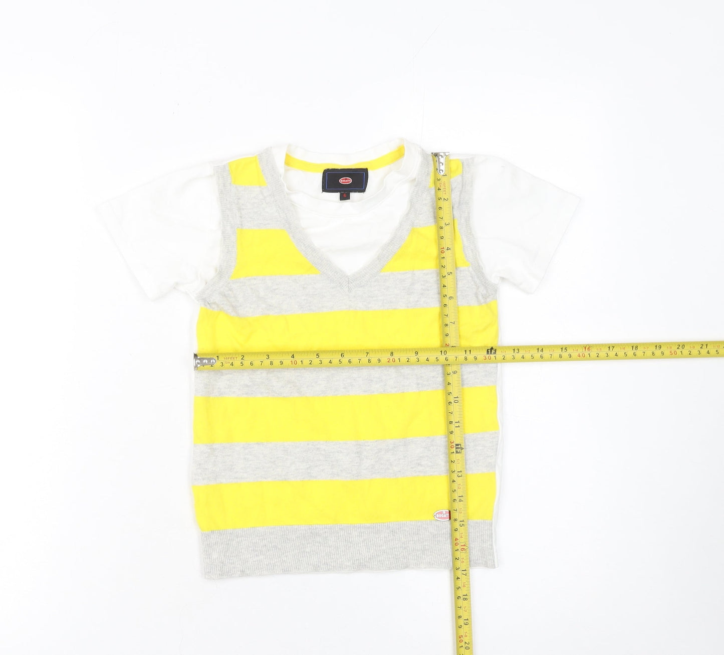 Bugatti Boys Yellow Grey Striped Cotton V-Neck Short Sleeve T-Shirt Size 6