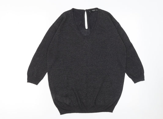 Mango Women Black Viscose Knit V-Neck Relaxed Pullover Jumper Size S