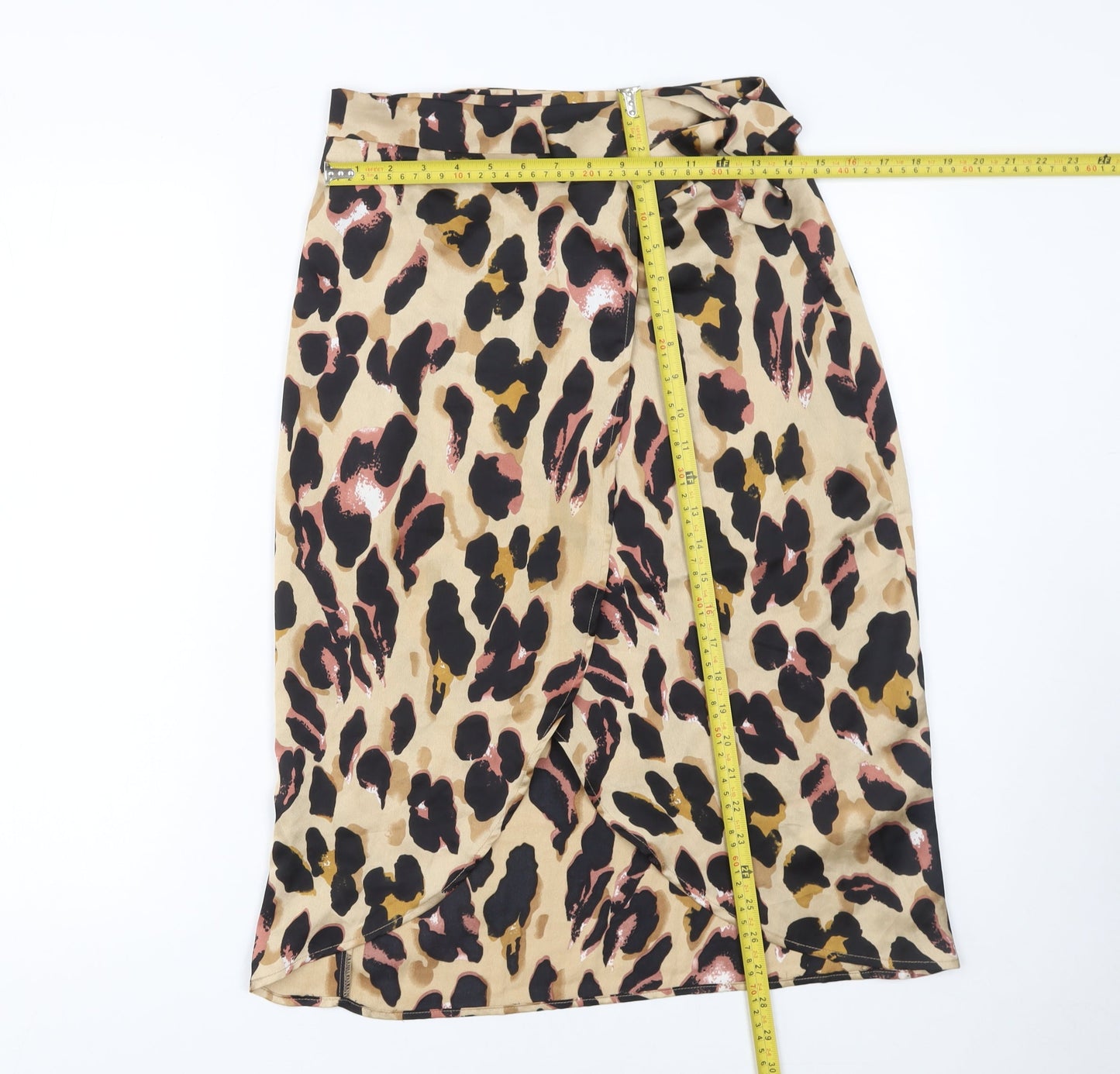 Boohoo Women Beige Leopard Wrap Midi Skirt Size 8 Polyester