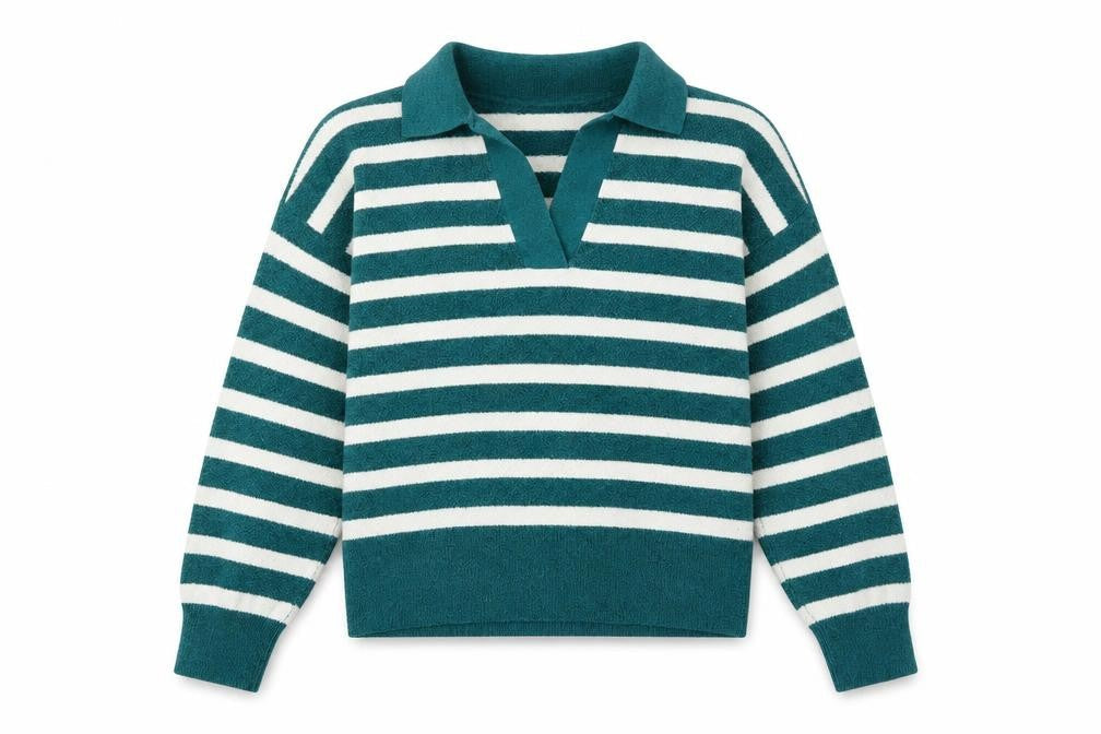 Marks and Spencer Women's Green Striped Collared Pullover Jumper Size M