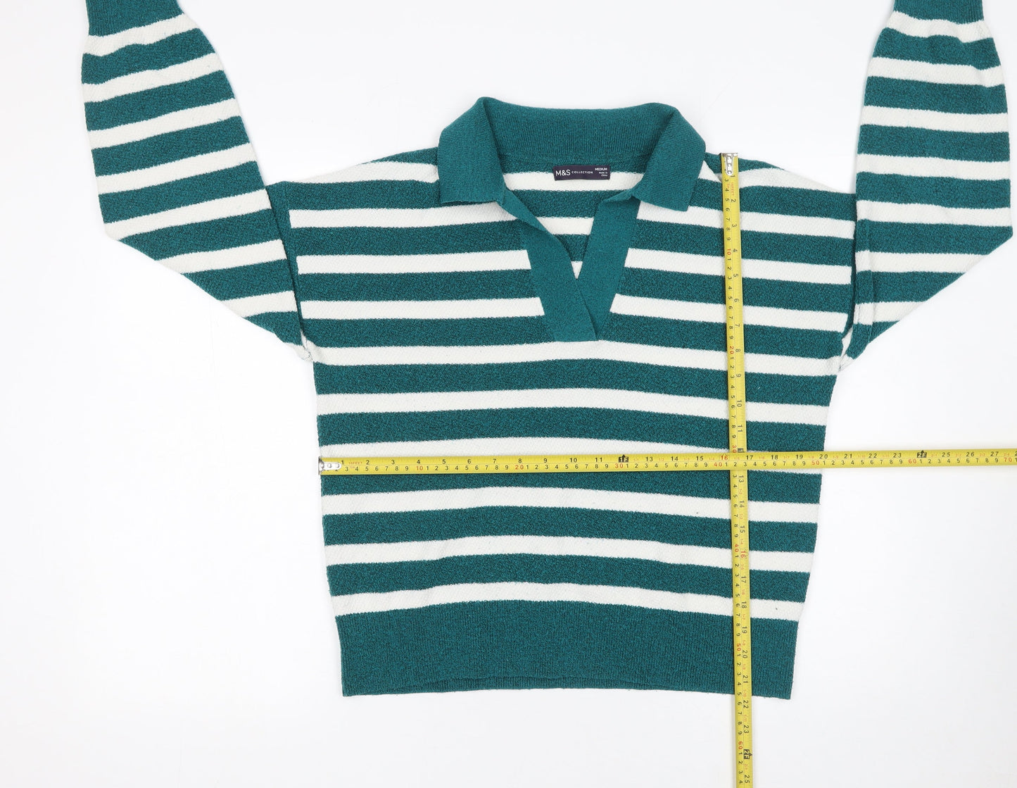 Marks and Spencer Women's Green Striped Collared Pullover Jumper Size M