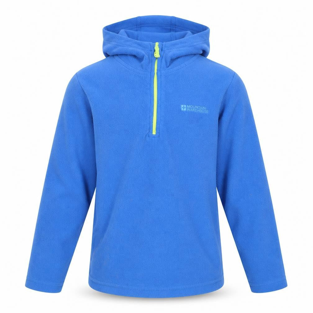 Front view of Mountain Warehouse boys’ blue fleece pullover hoodie 7-8 years
