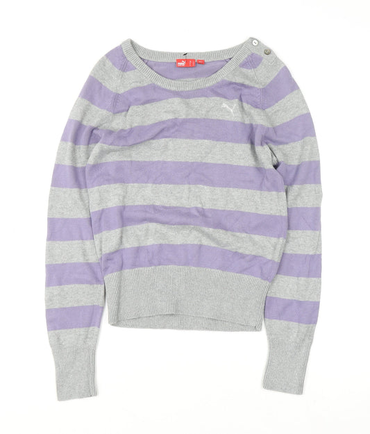 Puma Womens Grey Purple Striped Boat Neck Jumper Size 14