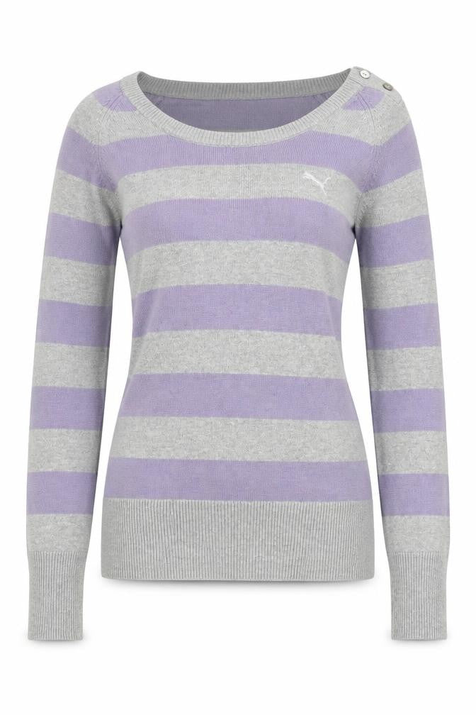Front view of Puma women’s grey purple striped boat neck jumper, size UK 14