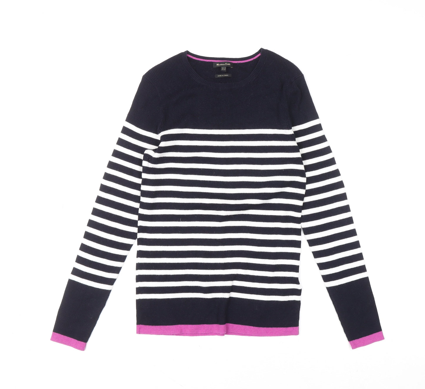 Massimo Dutti Women's Blue Striped Crew Neck Cotton Jumper Size 12