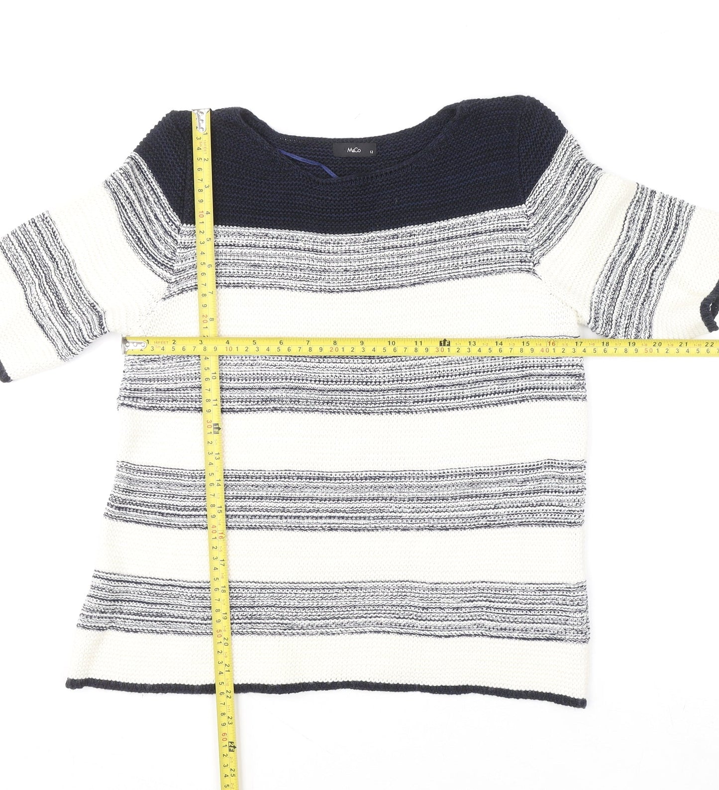 M&Co Women’s Blue Striped Knit Short Sleeve Pullover Jumper Size 12