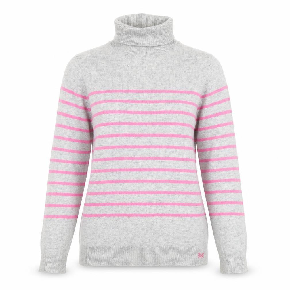 Front view of Crew Clothing Grey Pink Stripe Roll Neck Jumper, size 10