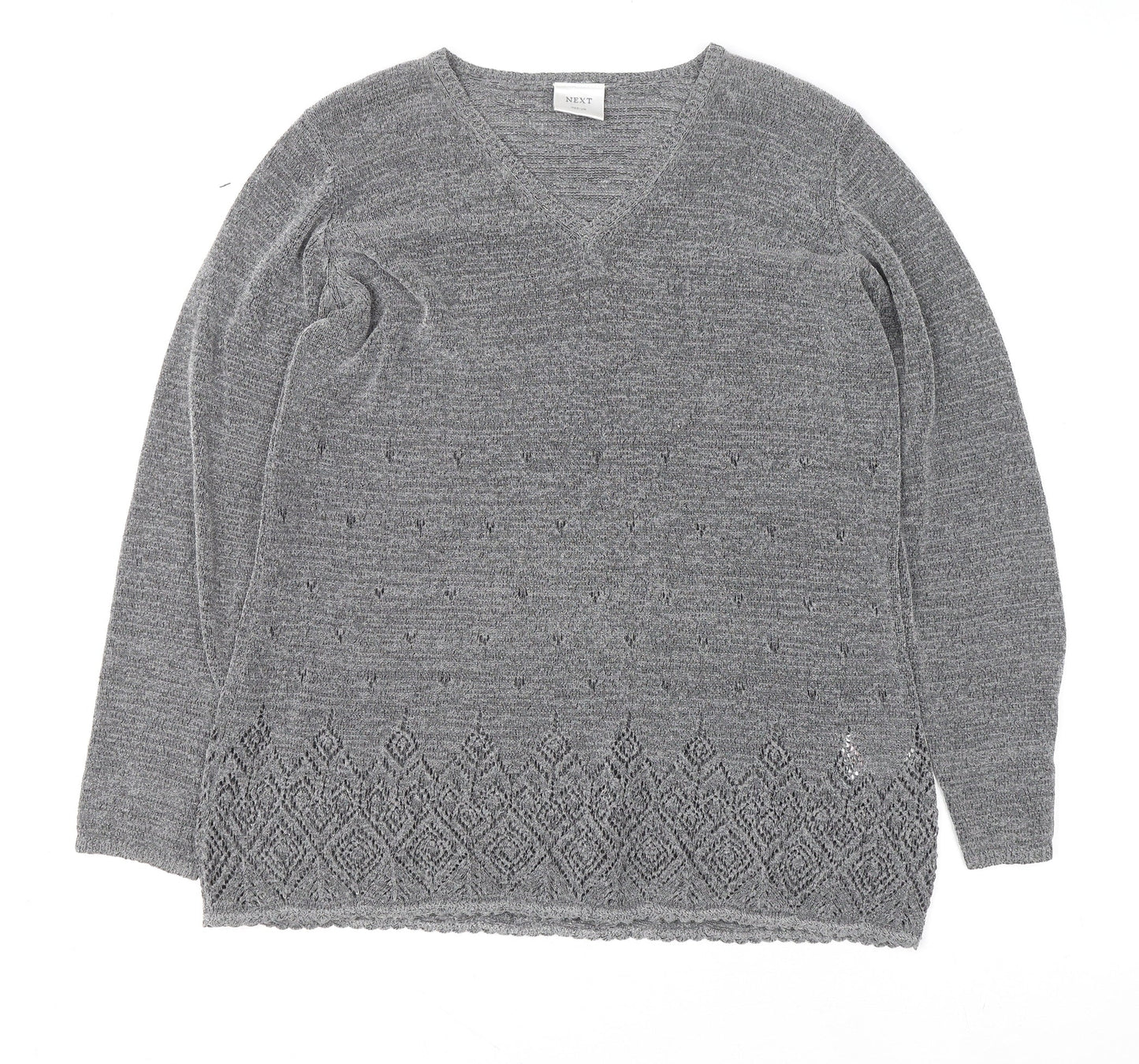 Next Women Grey V-Neck Knit Geometric Pullover Jumper M