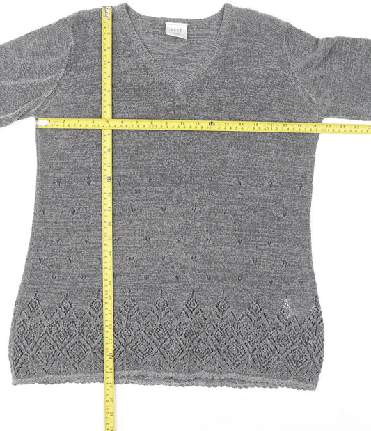 Next Women Grey V-Neck Knit Geometric Pullover Jumper M