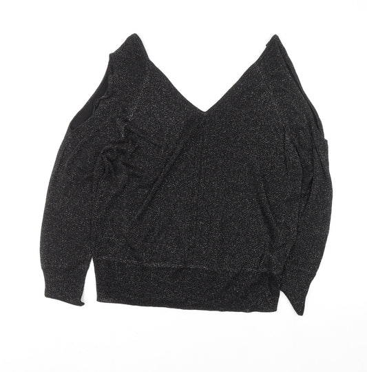 Next Women Black Size 14 Sparkle Cold Shoulder V-Neck Knit Blouse