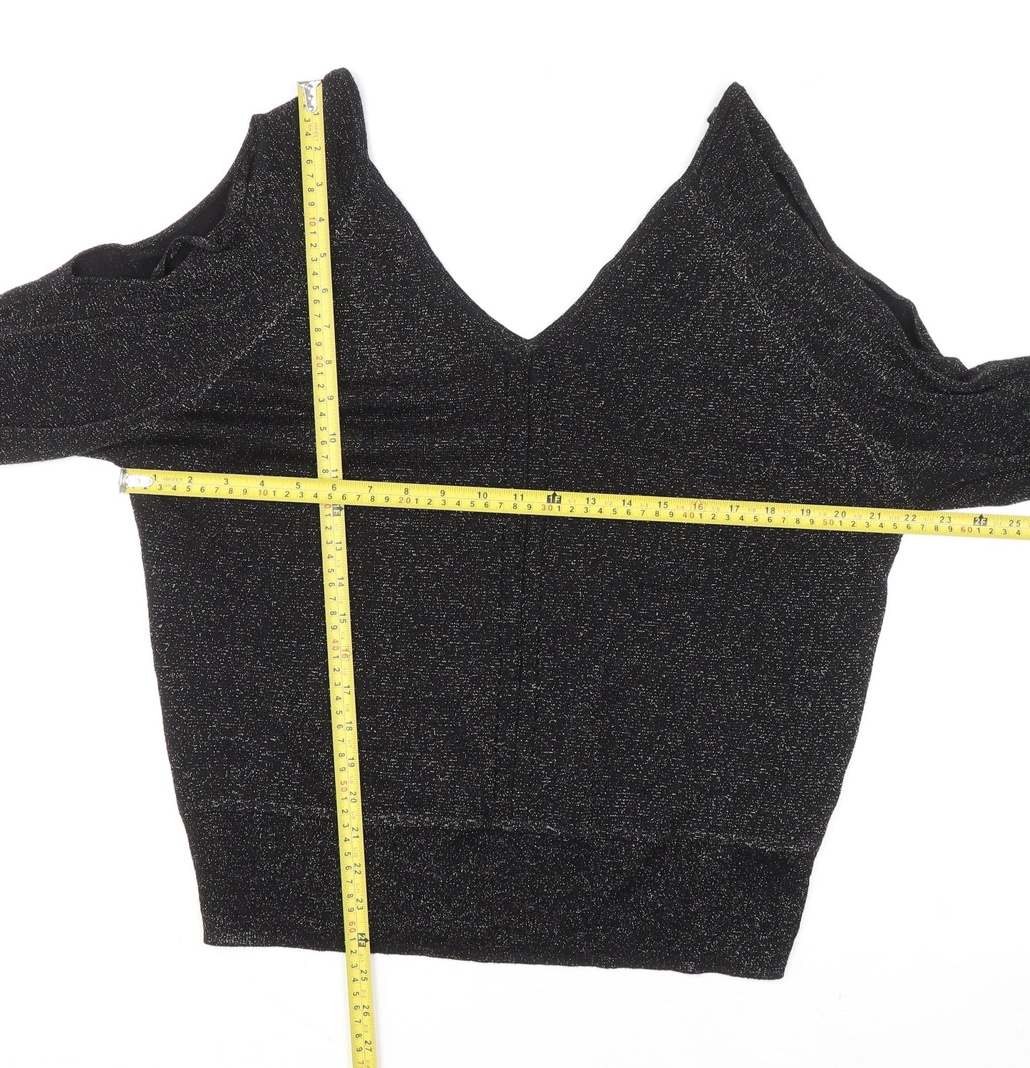 Next Women Black Size 14 Sparkle Cold Shoulder V-Neck Knit Blouse