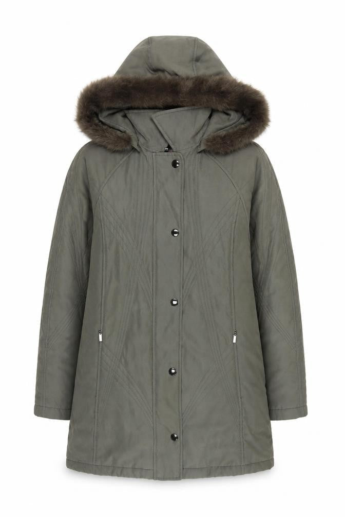 Jacques Vert Women's Green Hooded Parka Coat Size S Faux Fur Trim