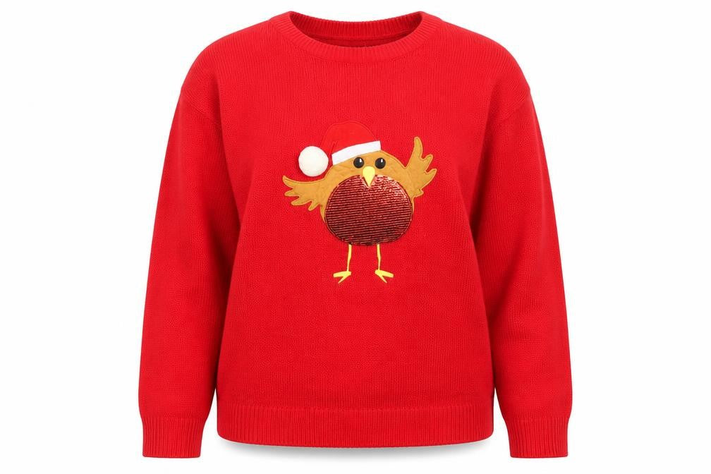 Brave Soul Women’s Red Christmas Jumper Size 14 Robin Sequin Knit