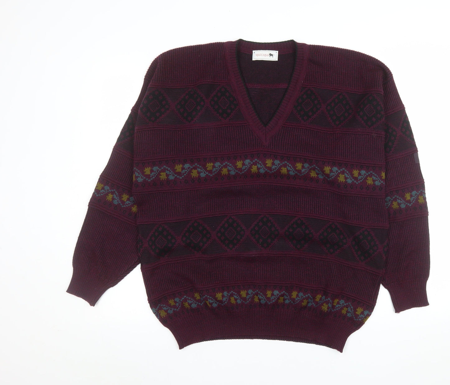 Maremma Men’s Red Wool Blend Geometric V-Neck Jumper L