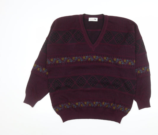 Maremma Men’s Red Wool Blend Geometric V-Neck Jumper L