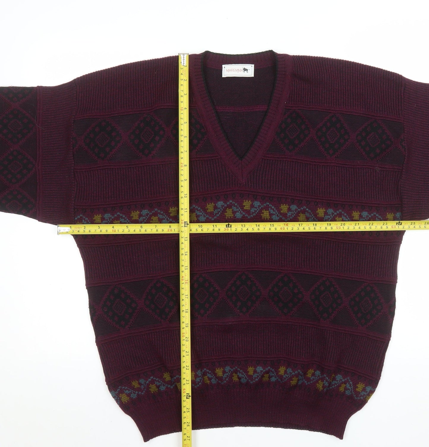 Maremma Men’s Red Wool Blend Geometric V-Neck Jumper L