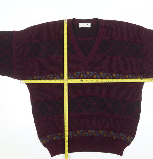 Maremma Men’s Red Wool Blend Geometric V-Neck Jumper L