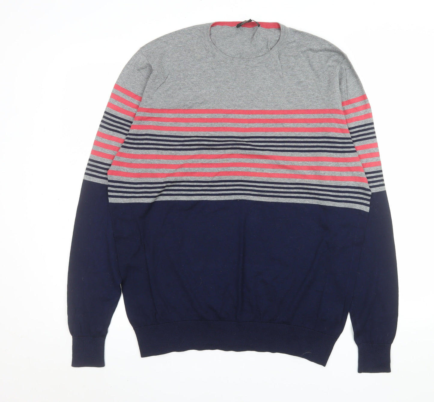 Jaeger Women Grey Blue Striped Cotton Crew Neck Jumper L