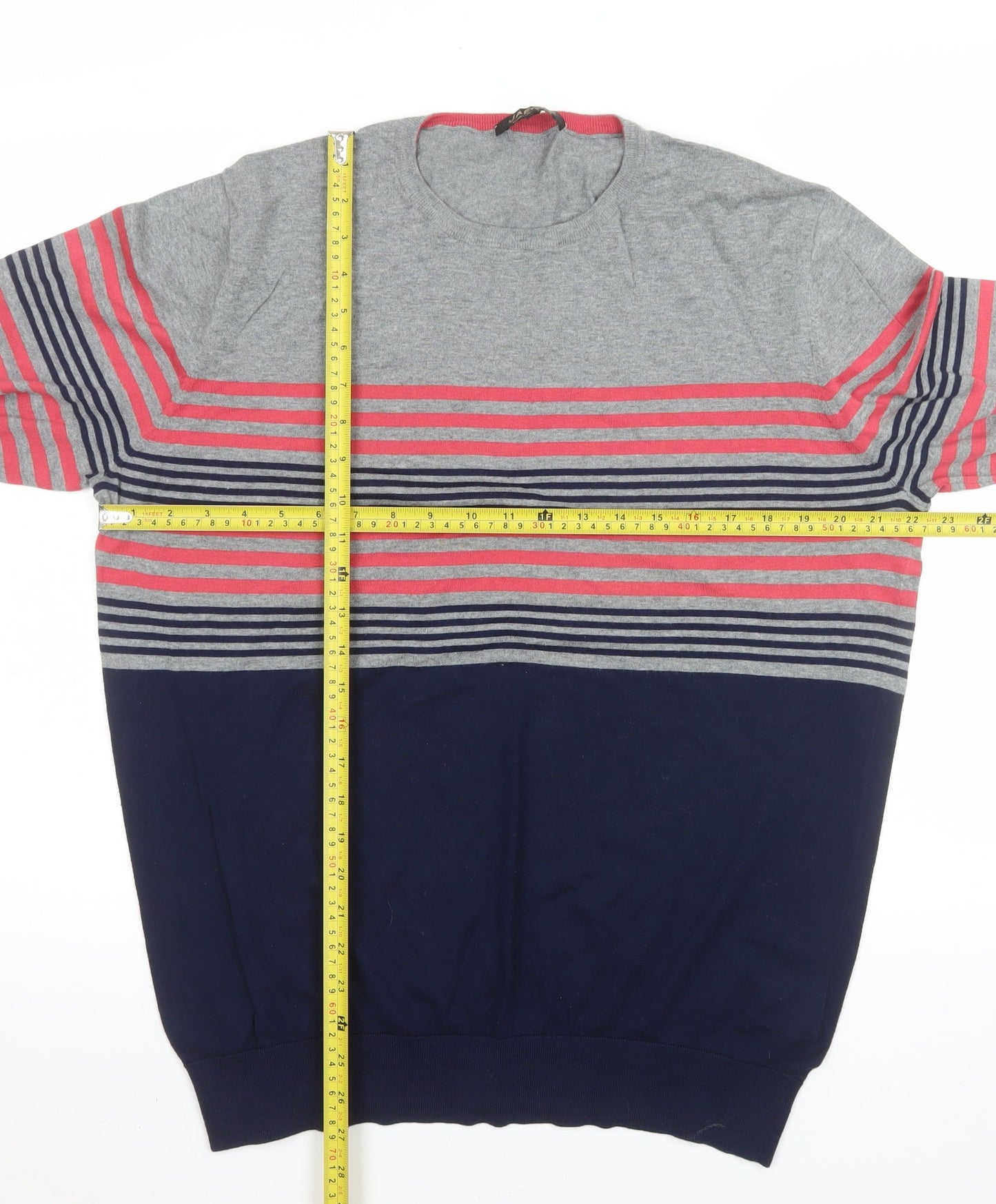 Jaeger Women Grey Blue Striped Cotton Crew Neck Jumper L