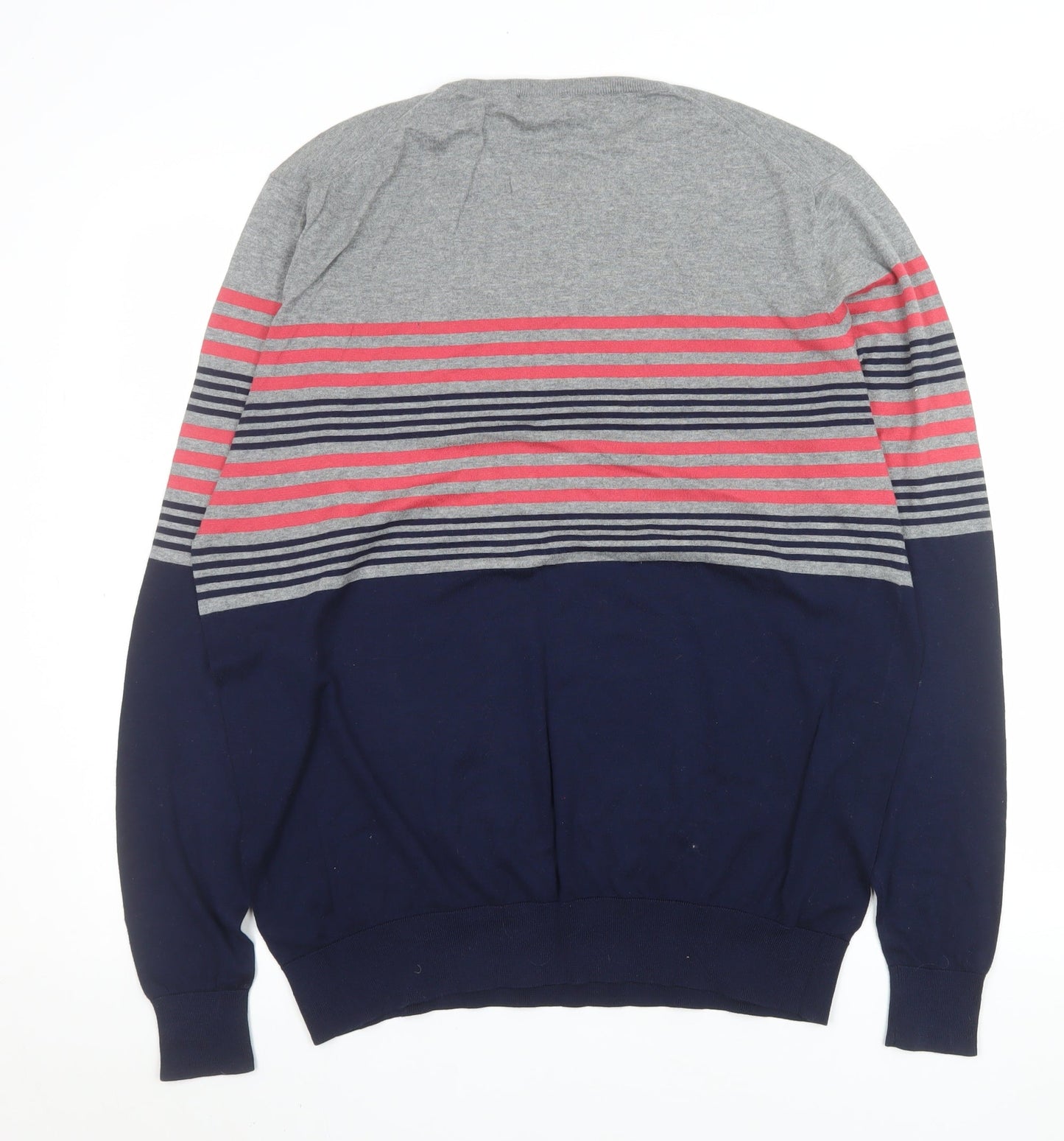 Jaeger Women Grey Blue Striped Cotton Crew Neck Jumper L