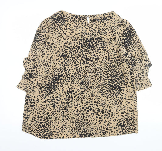 Dunnes Stores Women’s Beige Animal Print Ruffle Sleeve Blouse Size 14