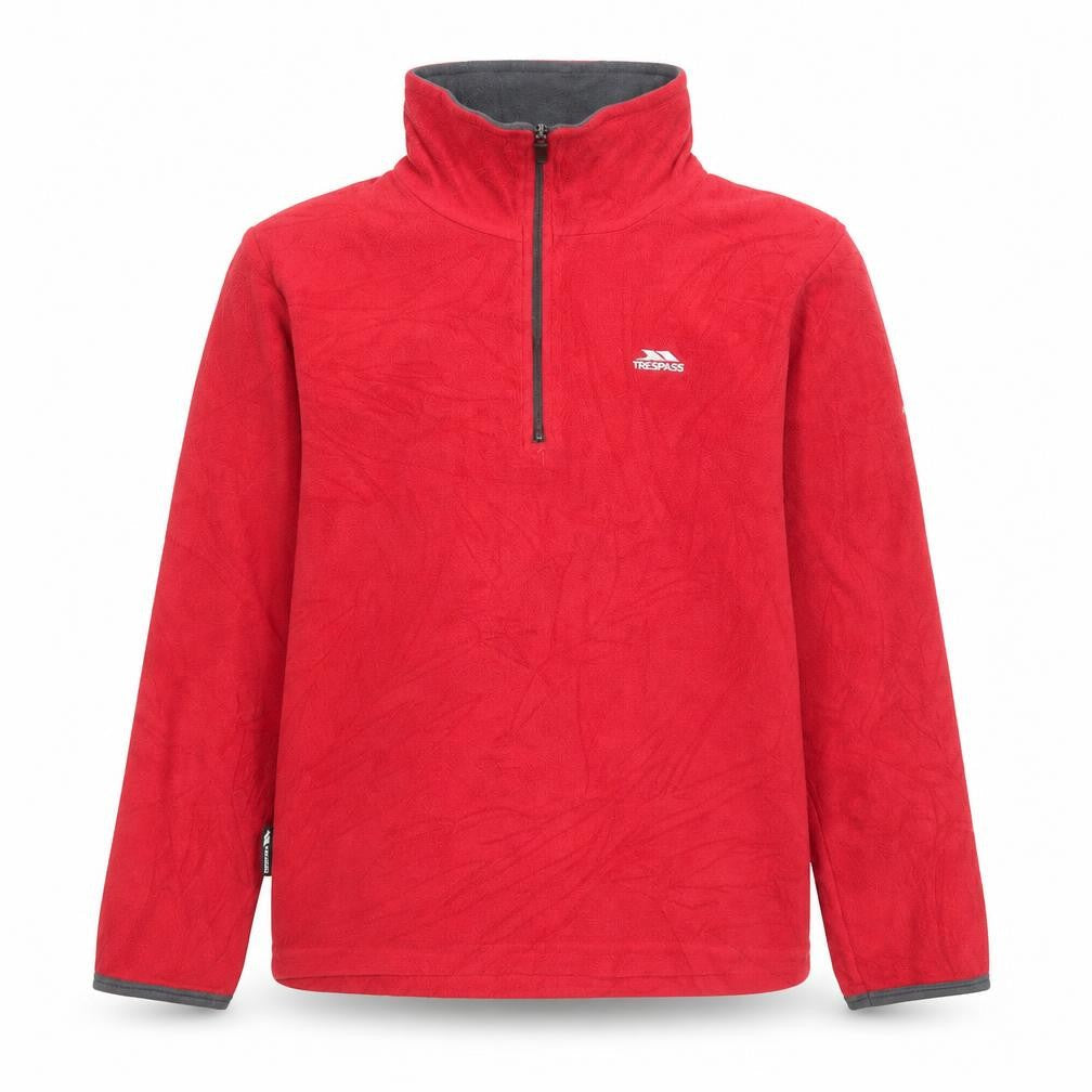 Front view of Trespass boys’ red fleece 1/4 zip pullover sweatshirt 9-10 years